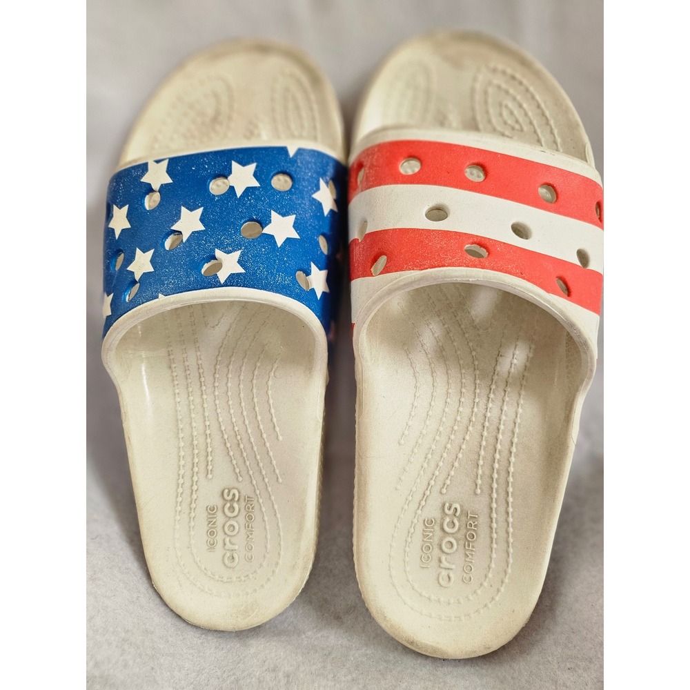Crocs Classic Slide Sandals American Flag Stars Stripes Red White Blue M6 W8